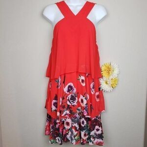 Badgley Mischka floral ruffle tiered silhouette sleeveless midi dress size 6